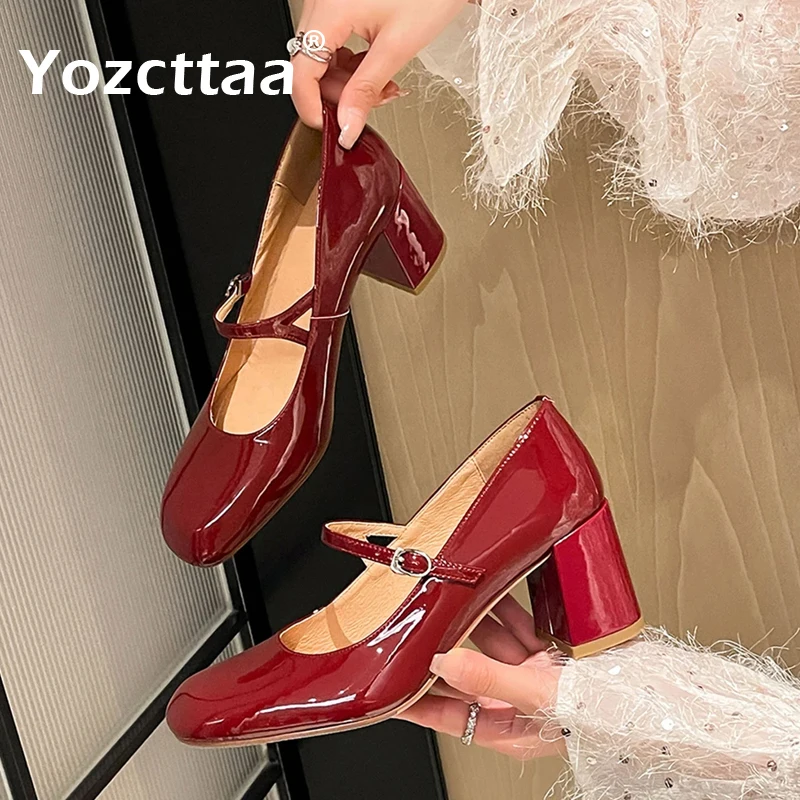 

Yozcttaa Size 33-40 Women Red Pumps Mary Jane Real Leather High Heels Shoes Ins 2025 Fashion Buckle Strap Office Lady Dress