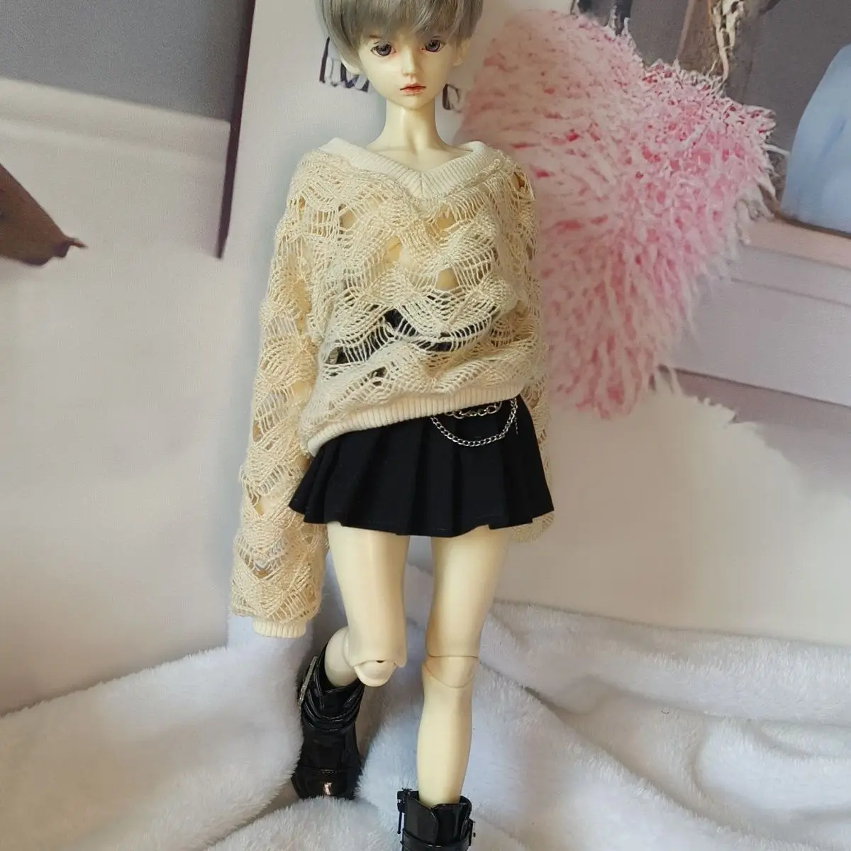 1/4 Puppenkleidung für 45 cm männlich weiblich Bjd Puppe Langarmpullover Strickpullover mit V-Ausschnitt Lose Top Spielzeug Puppenzubehör, keine Puppe