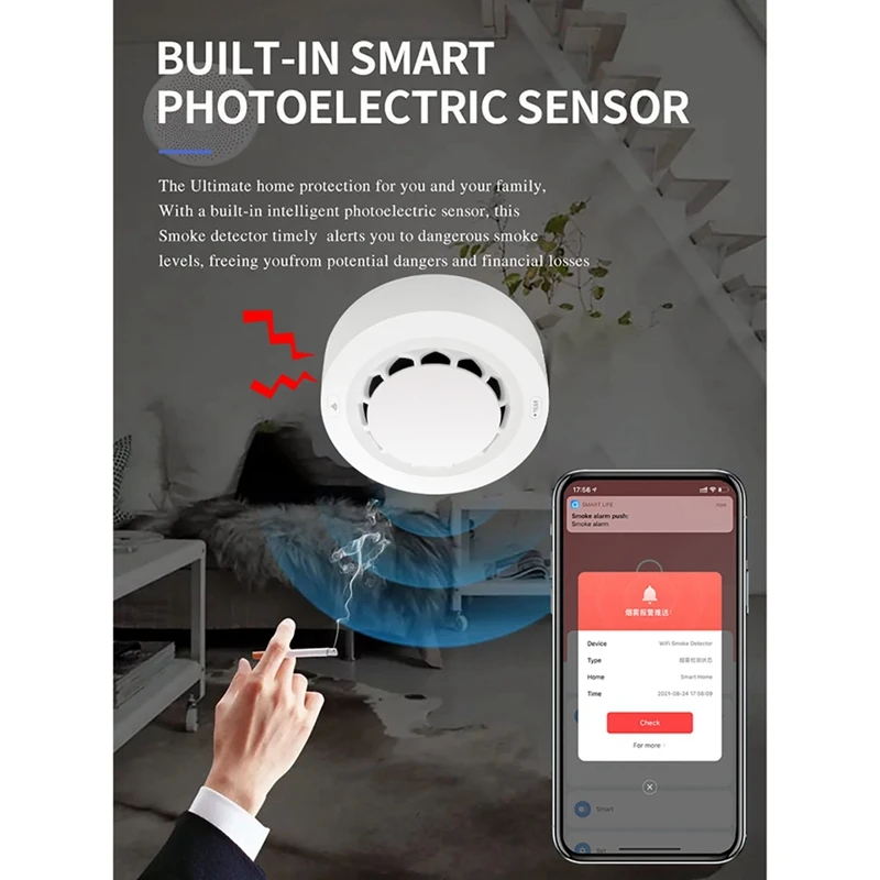 Беспроводной детектор дыма Tuya 2-в-1 с температурой и влажностью, дымовая пожарная сигнализация для домашнего подключения, прочная система безопасности