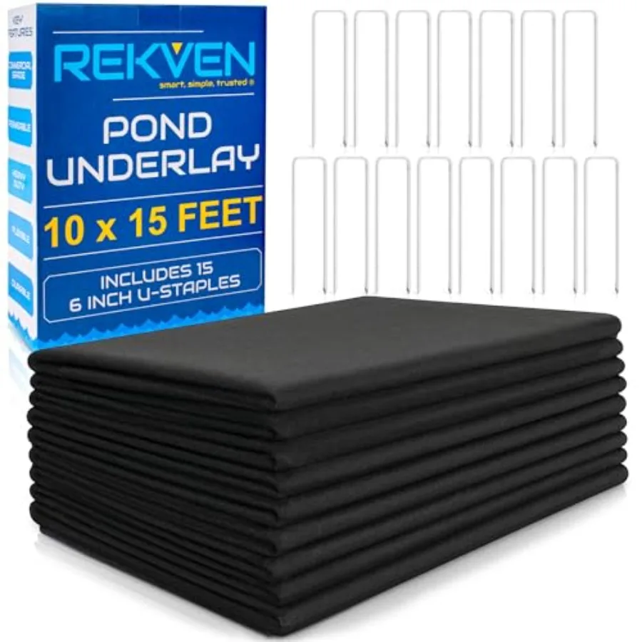 

Pond Liner Underlayment - 10 x 15 Feet - Non Woven Geotextile Landscaping Fabric with 15 U-Pin Garden Staples - Perfect Padding