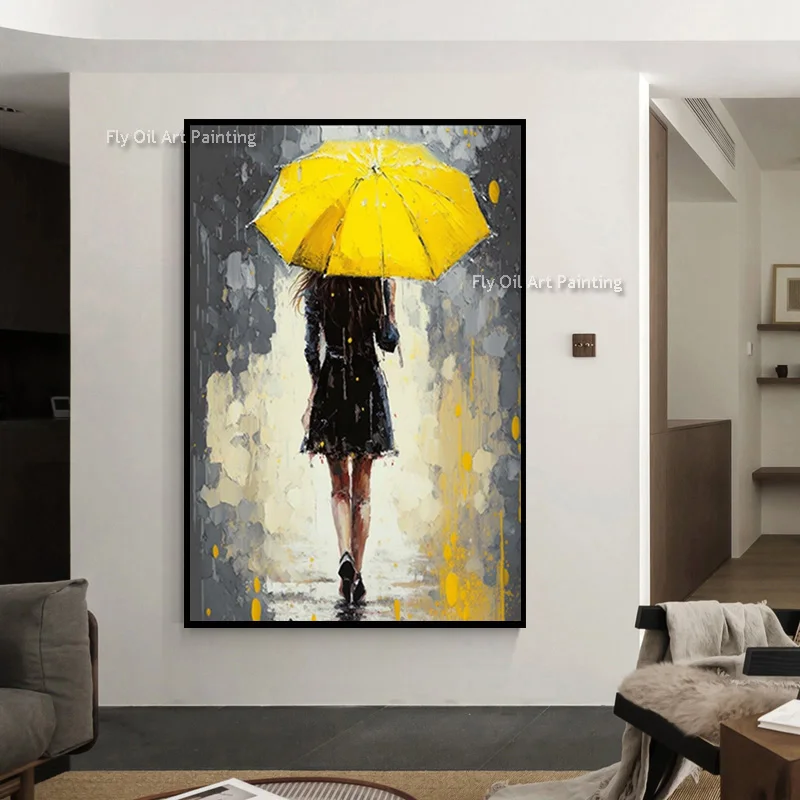 Hand Painted Modern Red Yellow Couple Walking In The Rain Canvas Wall Art Fashioinal Women With Yellow Umbrella Oil Painting