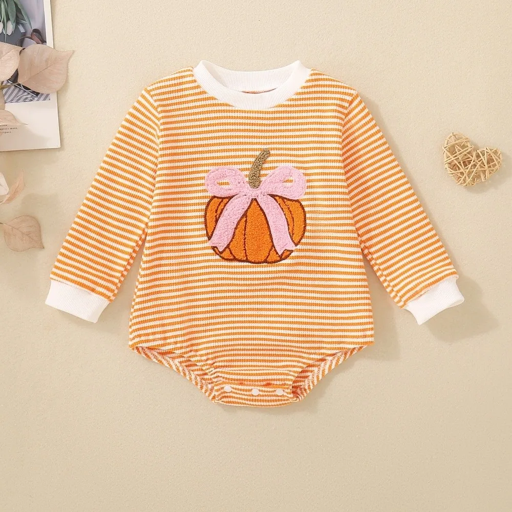 Sweet Bow Pumpkin Embroidery Bodysuit Long Sleeve Button Closure Infant Romper Jumpsuit Halloween Party