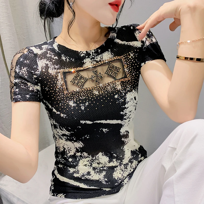 Summer New Design T-Shirt Women Hollow Out Drilling Diamonds Shiny Mesh Transparent Letters Slim Tops Short Sleeve Casual 9914