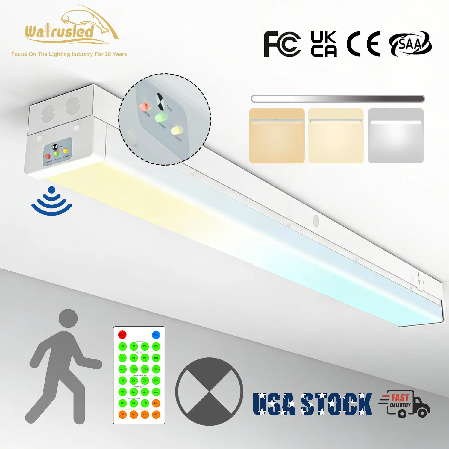 

Светодиодный светильник для аварийного освещения лестничных пролетов, 4 фута, с трехуровневым датчиком движения, резервным питанием от батареи, пультом ДУ, 5000 лм, 3 цветовых температуры, диммируемый, FCC