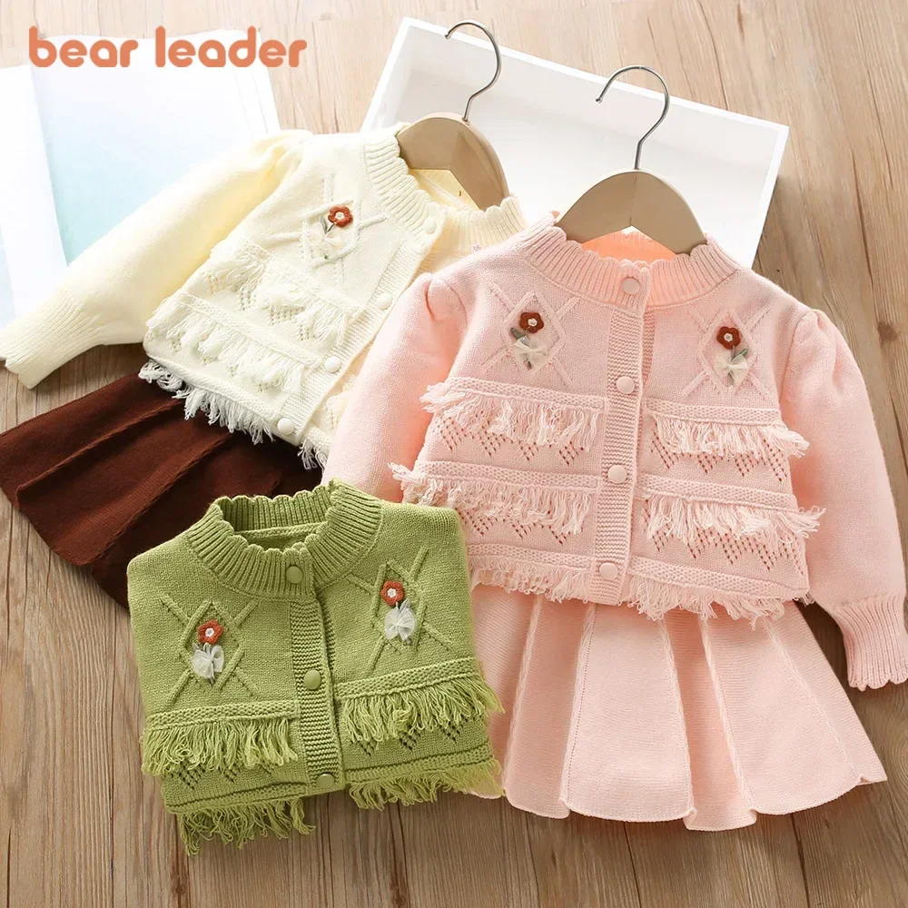 

Bear Leader Red New Year Christmas Girls Clothes Winter Flower Decoration Sweater Suit Tassel Cardigan Jacket+Pleated Skirt Sets