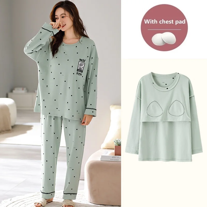 

With Chest Pad Autumn Cotton Sleepwear Polka Dot Long Sleeves Home Clothes Big Yards M-5XL Loose Casual Women Sweet Pajamas