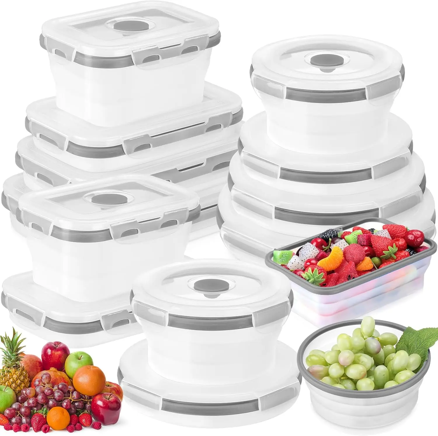 

12 Silicone Collapsible Food Storage Containers Foldable Silicone Lunch Container 6 Rectangle and 6 Round Airtight Coll