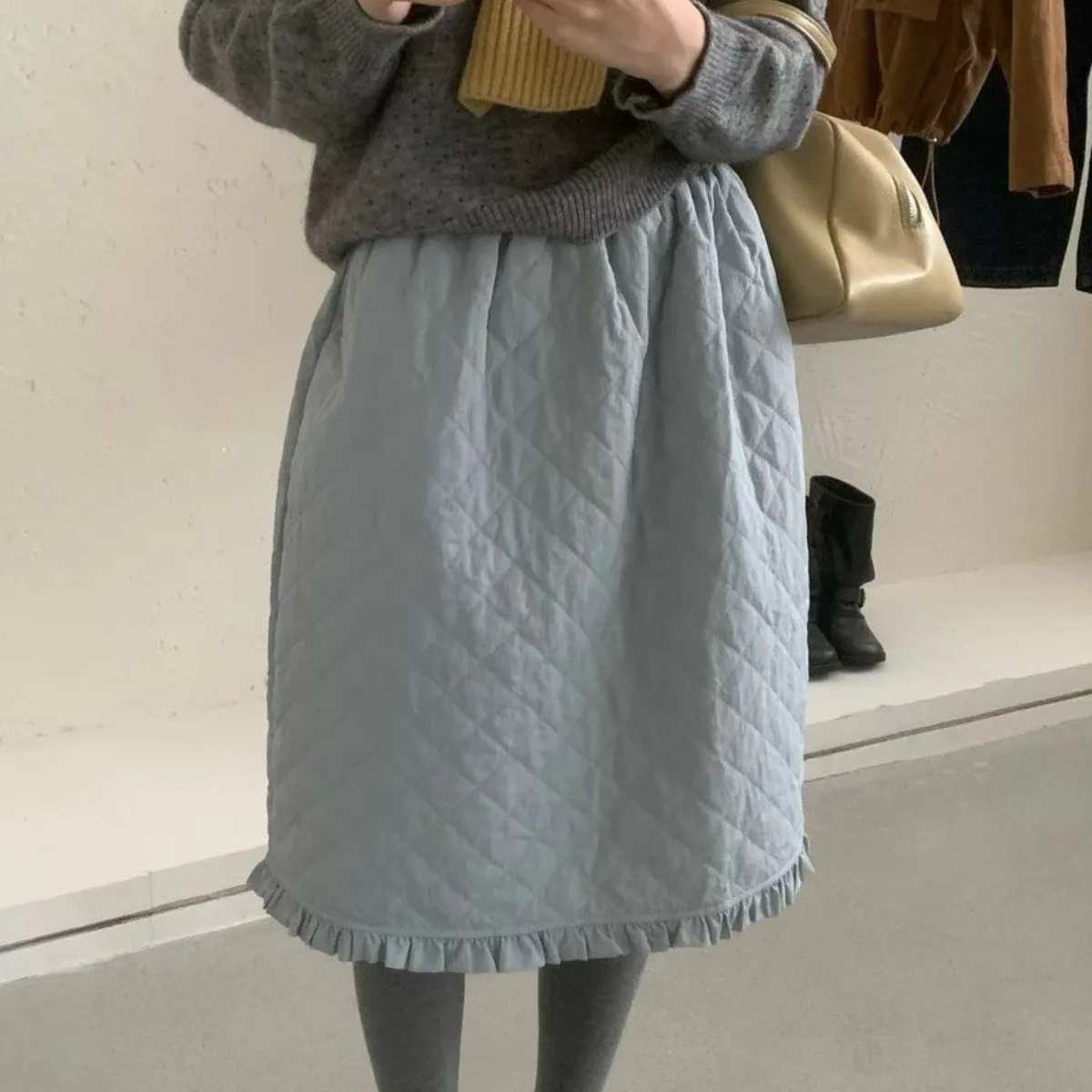 시크한 가을 겨울 미디 스커트 여성용 미디엄 길이 A라인 스커트 우드 에인 디자인과 코튼 거즈 레트로 스타일