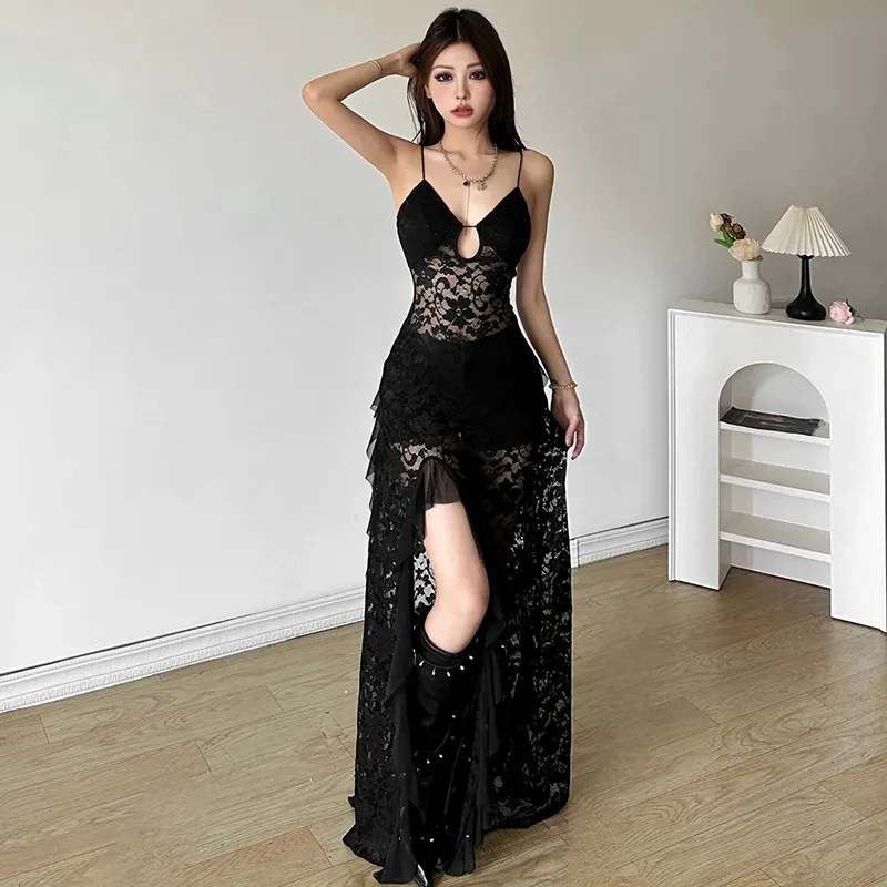 Gothic Lace Camis Dress for Women Summer Sexy Hollow Out Patchwork Split Midi Dress Y2K Streetwear Slim Irregular Party Vestidos
