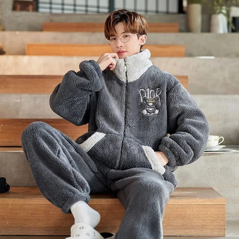 Pajamas Men Autumn Winter Coral Fleece Thickened Fleece-lined Youth Warm Nightclothes Suit Flannel Student Cartoon Homewear Sets