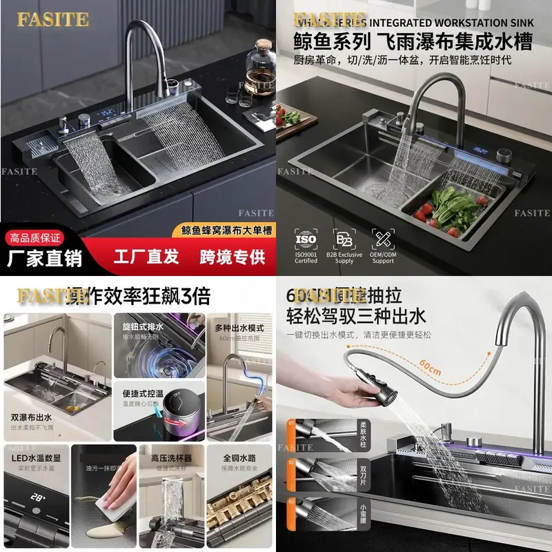 For Single Kitchen Sink 304 Stainless Steel Nano Honeycomb Waterfall Faucet Digital Display Dishwashing Vegetable Washing