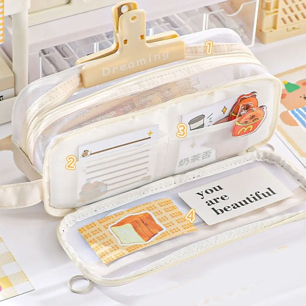 Large Capacity Transparent Mesh Pen Bag Transparent Zipper Stationery Pen Case Solid Color Double-deck Pen Storage Bag