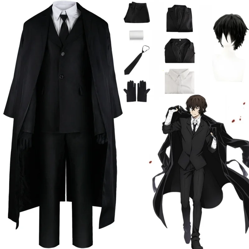 Anime Bungo Stray Dogs Osamu Dazai Cosplay Port Mafia Full Set Black Trench Coat Wig Shirt Tie Christmas Party Anime Clothes