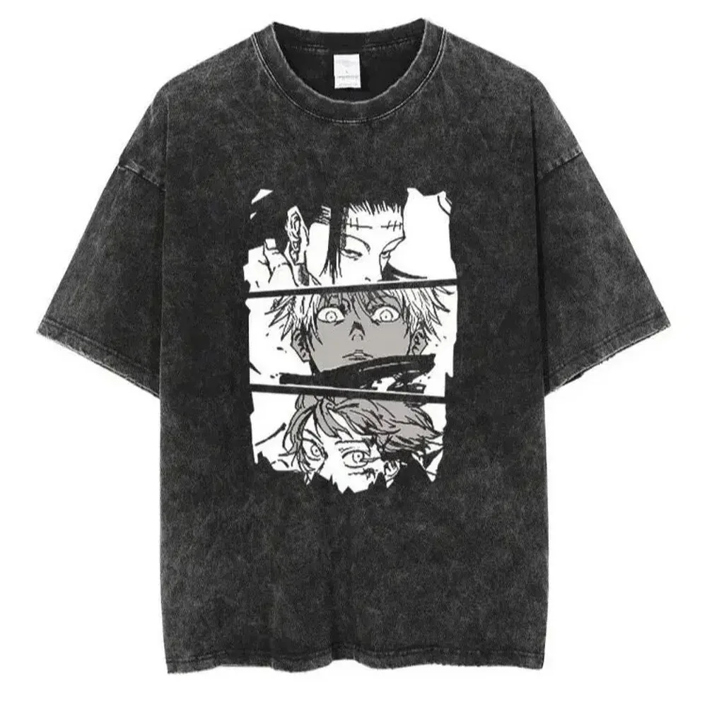 Hip Hop Streetwear Japanese Anime Graphic T Shirt Washed Men Vintage T-Shirt Summer Short Sleeve Tshirt Harajuku Cotton Tees