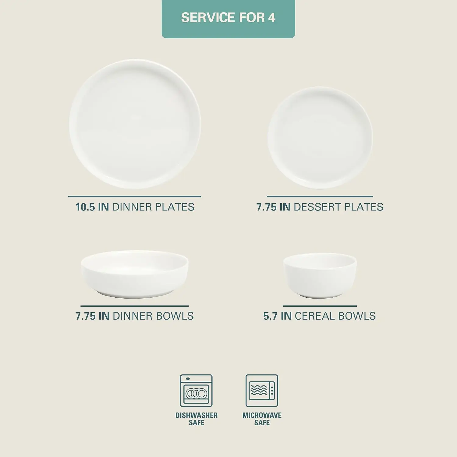 16-Piece Ceramic Dinnerware Set for 4, White Plates and Bowls Set, Dish Set, Microwave and Dishwasher Safe
