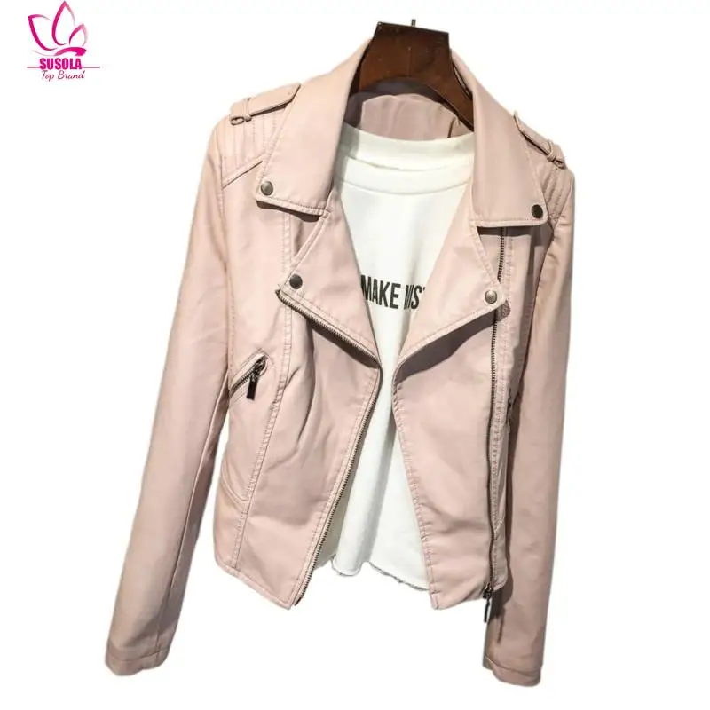 Women\'s Leather Jacket Spring Autumn Pink, Black Slim Cool Lady PU Faux Leather Jacket Women\'s Basic Zip Jacket Street Jacket