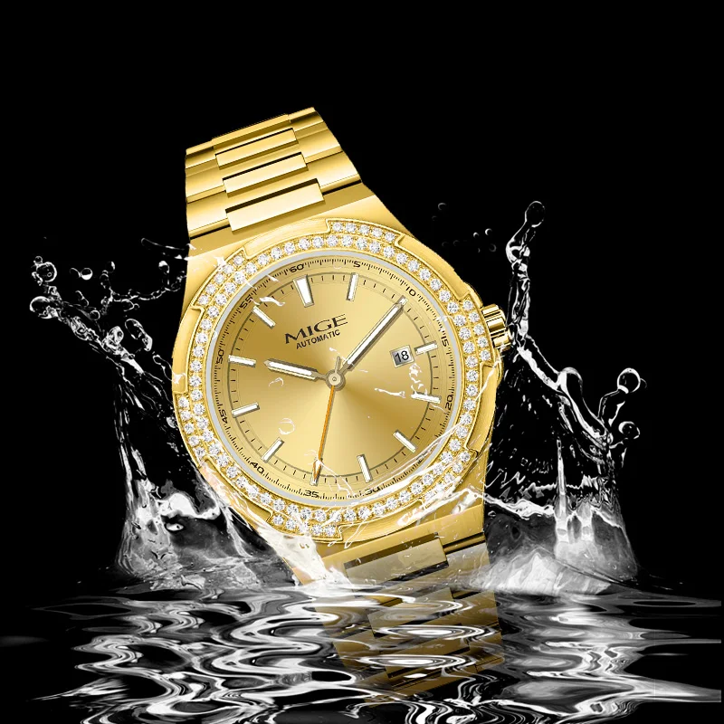 MIGE Herrenuhren, mechanische Automatikuhr, wasserdicht, Top-Marke, Diamant, luxuriös, leuchtender Kalender, Armbanduhr aus Edelstahl
