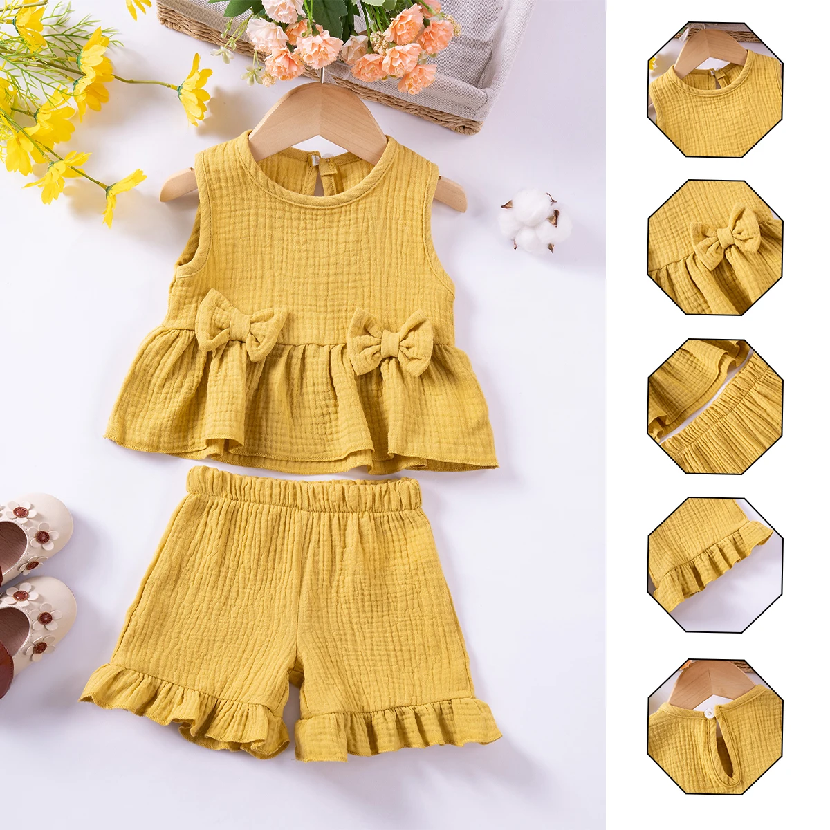 

Girl's Summer Suit 0-6Y Cotton Children's Clothing Sweet Two-piece Sleeveless Double Bow Top + Shorts Comfortable