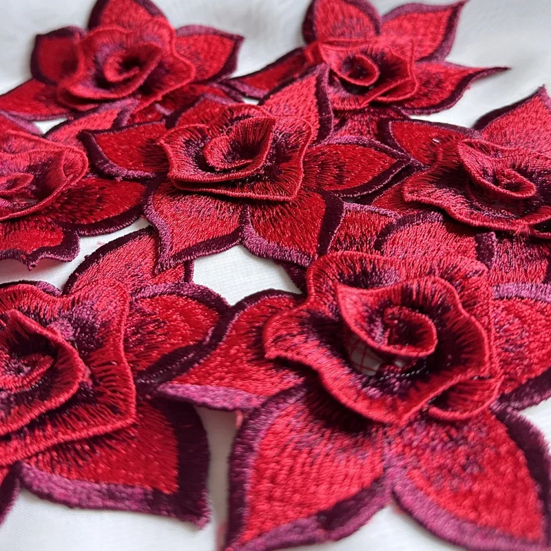 Bordado Africano Lace Applique, 3D Flower Patches, Dard Red, Vestido de Noiva, Cap Decor, DIY, Costura em Roupas, 3Pcs