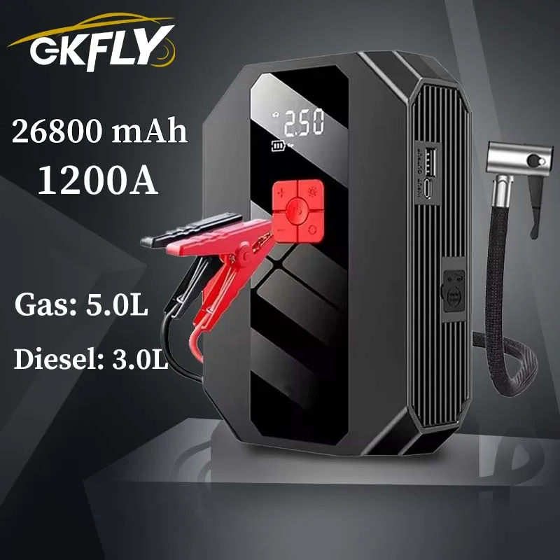 

GKFLY 4 In 1 Car Jump Starter with Air Compressor 26800mAh Portable Booster Charger 1200A Car Air Pump Battery Starting Device