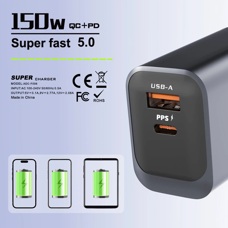 2IN1 150 واط شاحن الهاتف المحمول ثنائي المنفذ PD + QC3.0 شاحن فائق السرعة الاتحاد الأوروبي/الولايات المتحدة/المملكة المتحدة القياسية محول شاحن لشاومي آيفون 2026