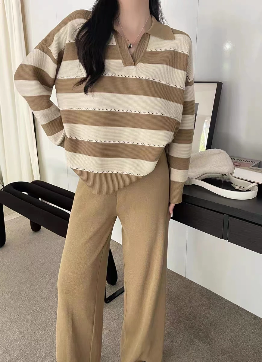 New Vintage Striped Knitted Two Piece Set Women Lapel Long Sleeve Pullover Sweater + Wide Leg Pants Sets Casual Loose Outfits