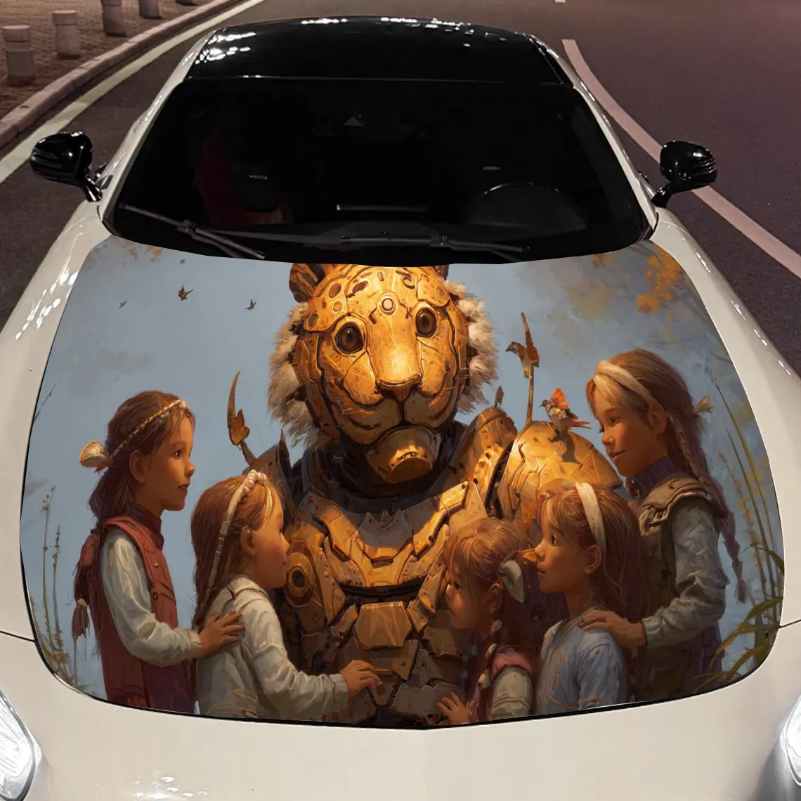 

Unique Steampunk Tiger with Kids Car Engine Hood Sticker, Auto Vinyl Wraps, Waterproof Self-adhesive Vehicle Decal, Durable & An