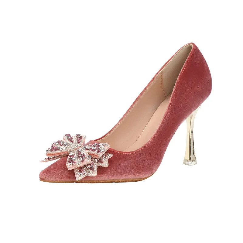 Size 30-44 Women's Pink Velvet Rhinestone Bow Pumps 2026 Pointed Toe Stiletto Heels for Wedding Party Evening Dress Plus Size view 4