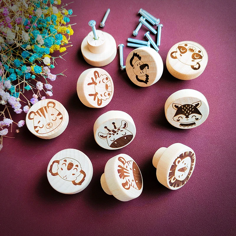 New Engraved Baby Animals Wooden Drawer Knob Boho Nursery Cabinet Pulls Nature Wood Kids Pulls Children\'s Room Furniture Handles