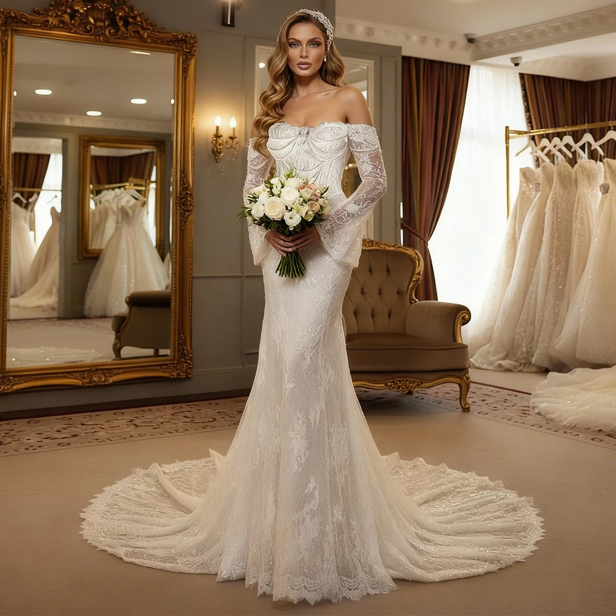 

Роскошное кружевное свадебное платье в форме сердца со шлейфом и длинными рукавами, жемчужное свадебное платье для женщин, платье de novia