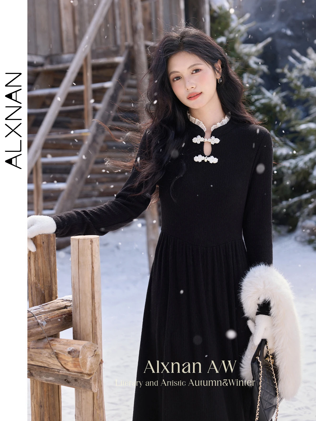 ALXNAN Women Midi Dresses Patchwork O-neck Long Sleeve A-line Elastic Waist Dress 20204 Winter Warm Slimming Clothing QJD00107