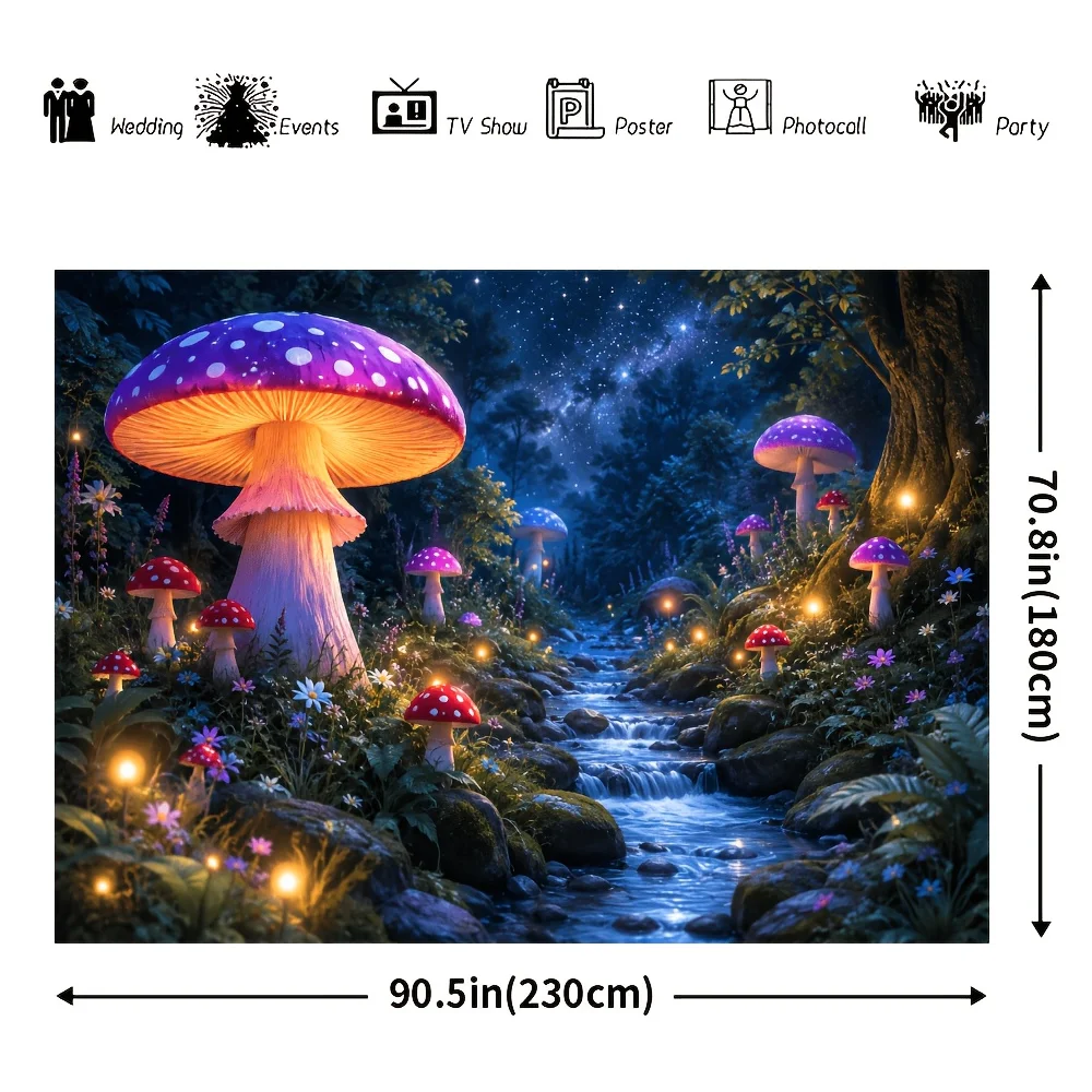 Magical Glowing Mushroom Forest Stream Night 2D Flat Tapestry Backdrop For Bedroom Decor Fairy Tale Wall Hanging Art Print
