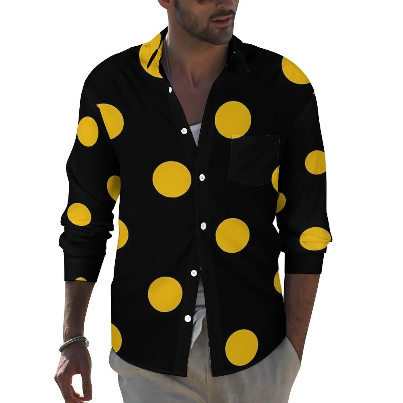 Gold Dot Funny Casual Shirt Man Black And Yellow Shirt Autumn Trending Blouses Long Sleeve Printed Oversized Clothes