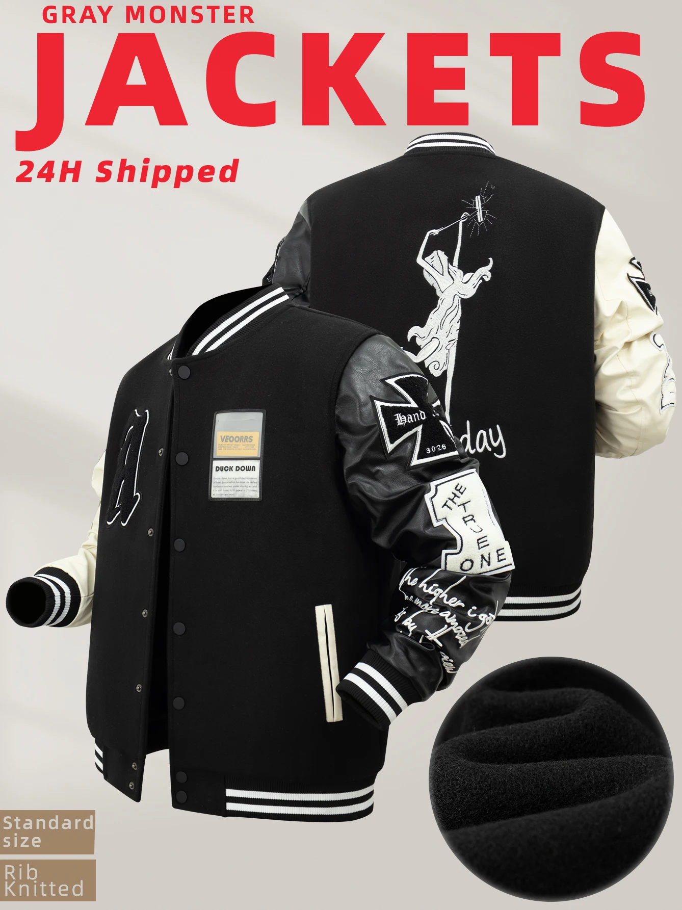 

Men's Plush Inner Bomber Jackets Loose Long Sleeve Vintage Graphic Embroidery Unisex Varsity Baseball Coats for Fall&Winter