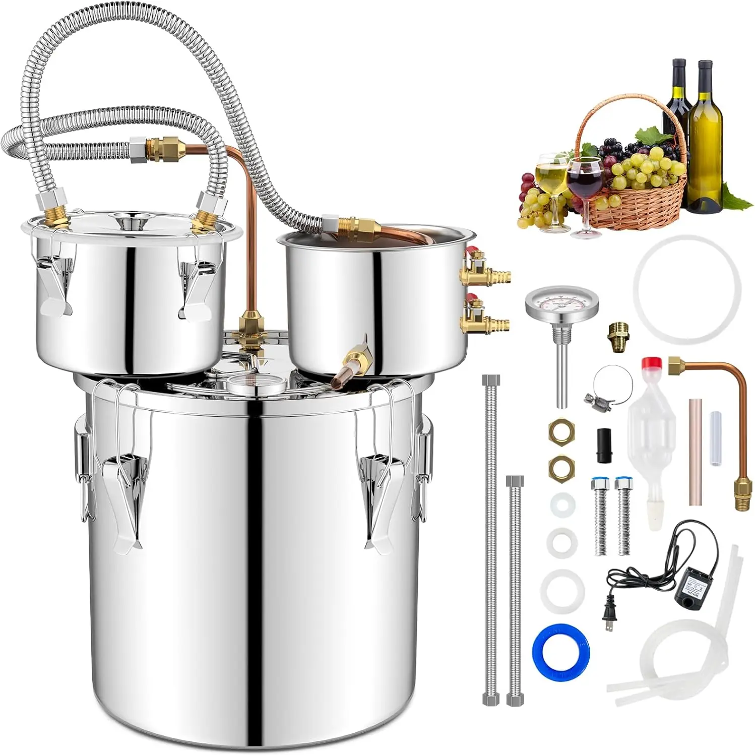 

5 Gal Alcohol Still Kit, 3 Pots Stainless Steel Water Alcohol Oil Distiller with Thermometer, Copper Tubes, Multifunctional Wine Making Boiler for Whiskey Brandy