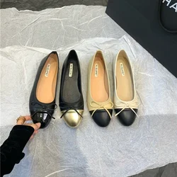 Women Leather Flat Shoes Fashionable Round Toe Casual Ballerina Bow Ballet Shoes Soft Moccasin Black with Beige Lolita Shoes