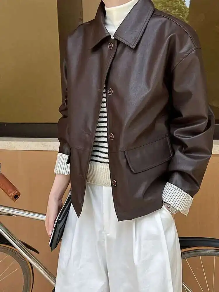 

PU Leather Brown Big Size Short Vintage Jacket New Lapel Long Sleeve Women Coat Fashion Tide Spring Autumn