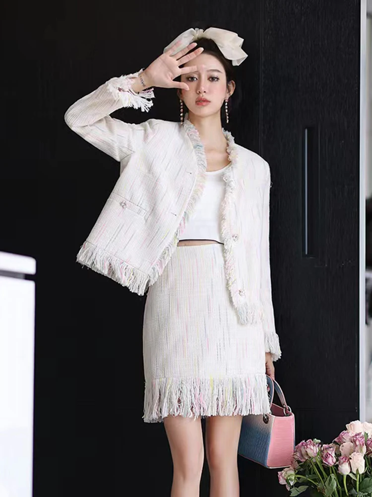 

French temperament, high-end feeling, cream color, tassel edge, celebrity, small fragrance, set skirt, fashionable tweed jacket,