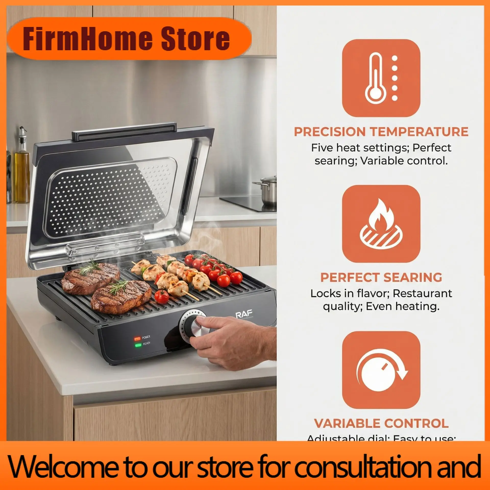 FirmHome StoreGrilled Steak Maker, Teppanyaki Sausage Grill, Flip-Top Meat Grill, Breakfast Machine, 2200W