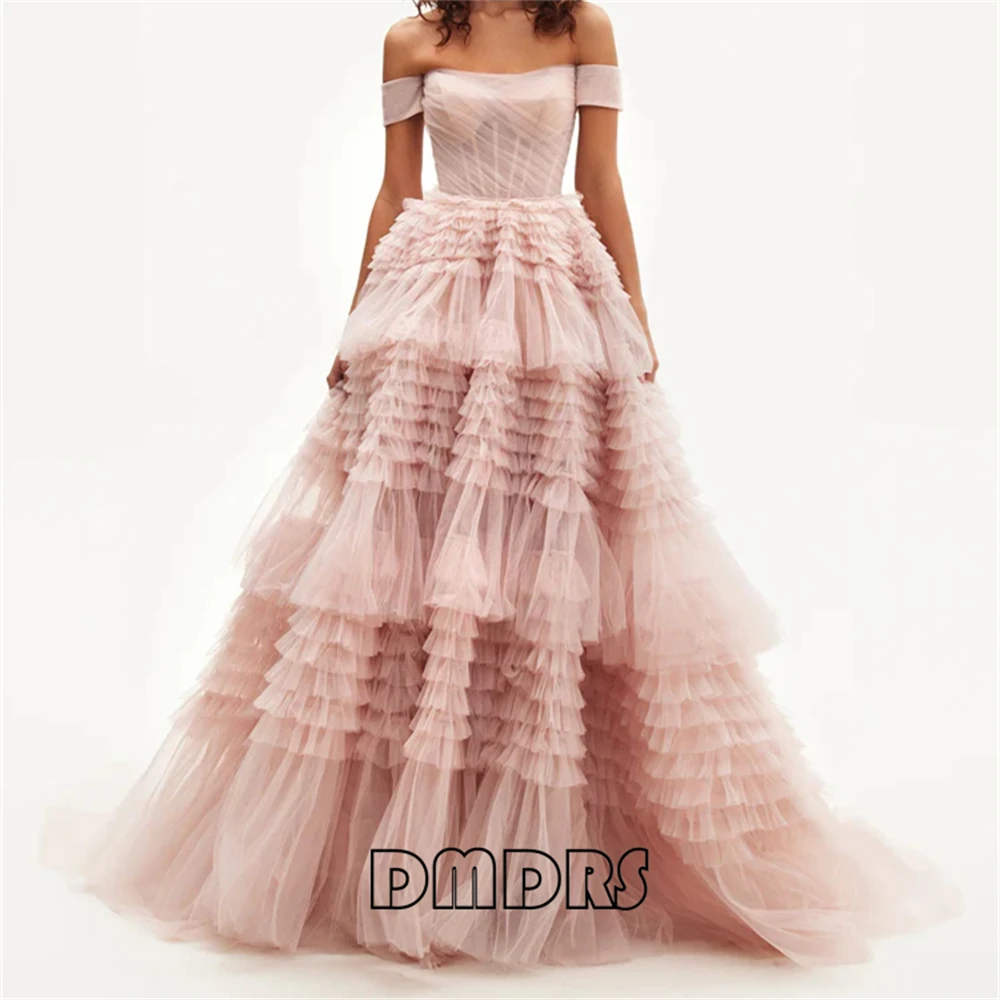 

Puffy A Line Tulle Formal Dress for Women Off Shoulder Long Evening Dresses with Corset Multi Layers Party Gown Cocktail Pageant