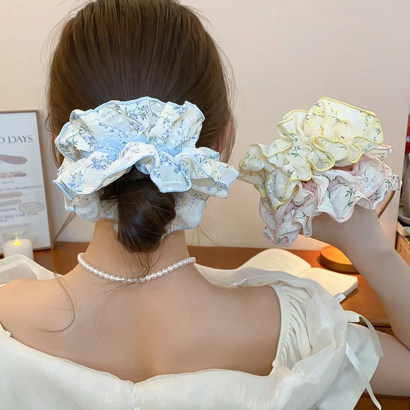 

Fabric Large Lace Hair Ties for Women Sweet Print Ponytail Holders Tie Elastic Pleated Hair Rope French Fresh Rubber Hoop Bands