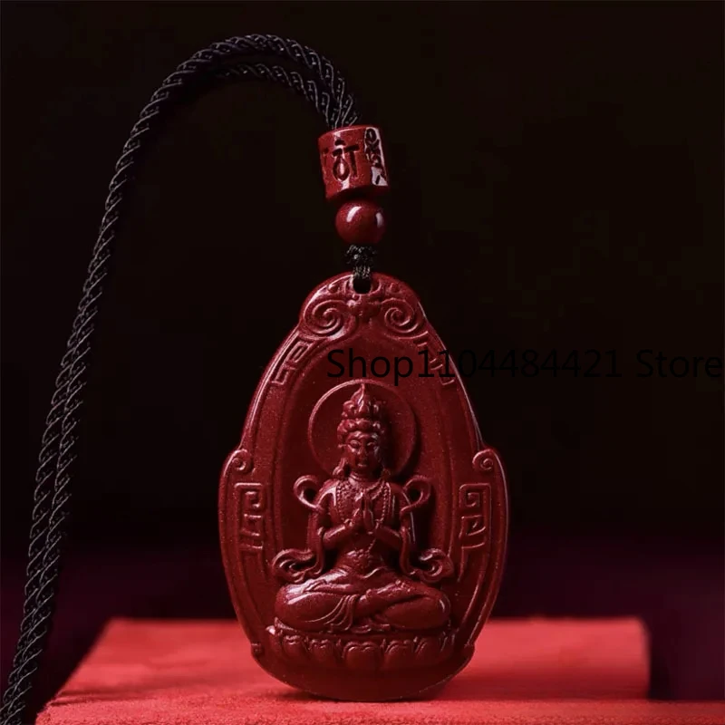 

Натуральный киноварный кулон Гуаньинь: Фэн-шуй оберег, красно-фиолетовый золотой песок, модное ожерелье-подвеска для мужчин и женщин