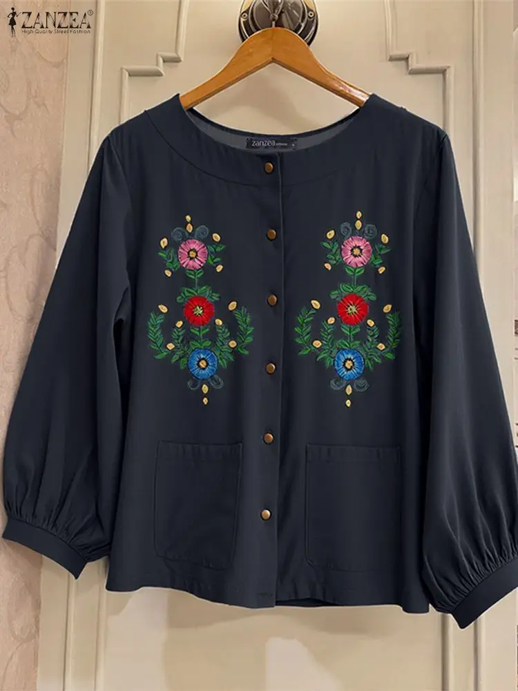 ZANZEA ファッション刺繍シャツ女性長袖ブラウス 2025 秋ポケット印刷カジュアルチュニックトップスエレガントなデニム Blusas