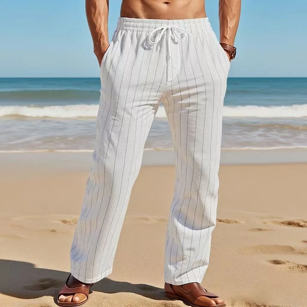 

Men's Striped Drawstring Elastic Waist Casual Beach Pants Cotton and linen Sport and Leisure Men's fashion