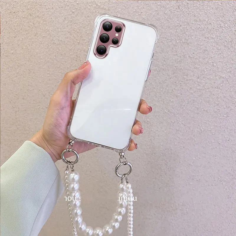 For Samsung S26 Ultra Plus Crossbody Necklace Pearl Chain Lanyard Soft Silicone Case for Galaxy S 26 S26edge Airbag Cover