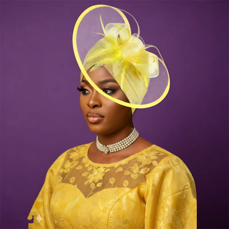 مبالغ فيها زهرة تكدرت قبعة عمامة للنساء نيجيريا خوذة الأفريقية أشرطة رأس حفل زفاف السيارات Gele ربطة الرأس بونيه قبعة #1