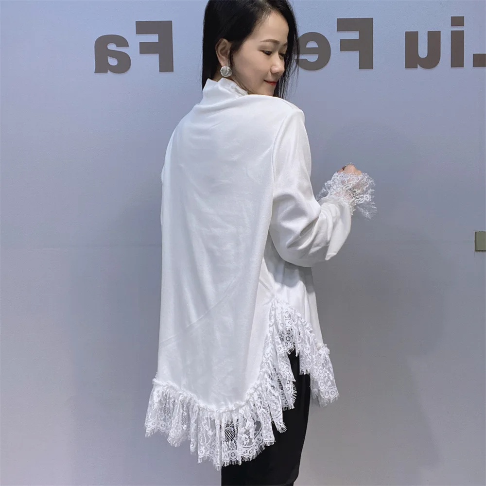 Sweet Double-sided Fleece Loose Bottoming Shirt Ladies Lace Patchwork Rhinestone High Neck Long Sleeved Top Autumn New T-shirt
