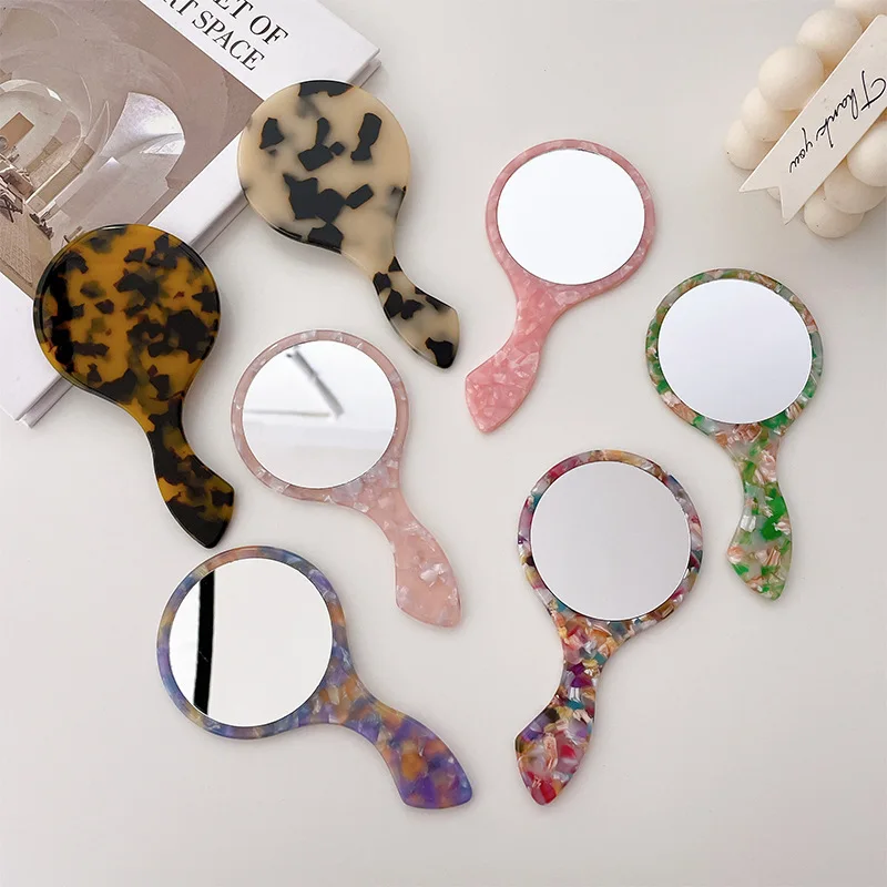 Miroir de maquillage coréen à l'acide acétique pour femmes et filles, portable, à main, avec poignée, en élasthanne simple face