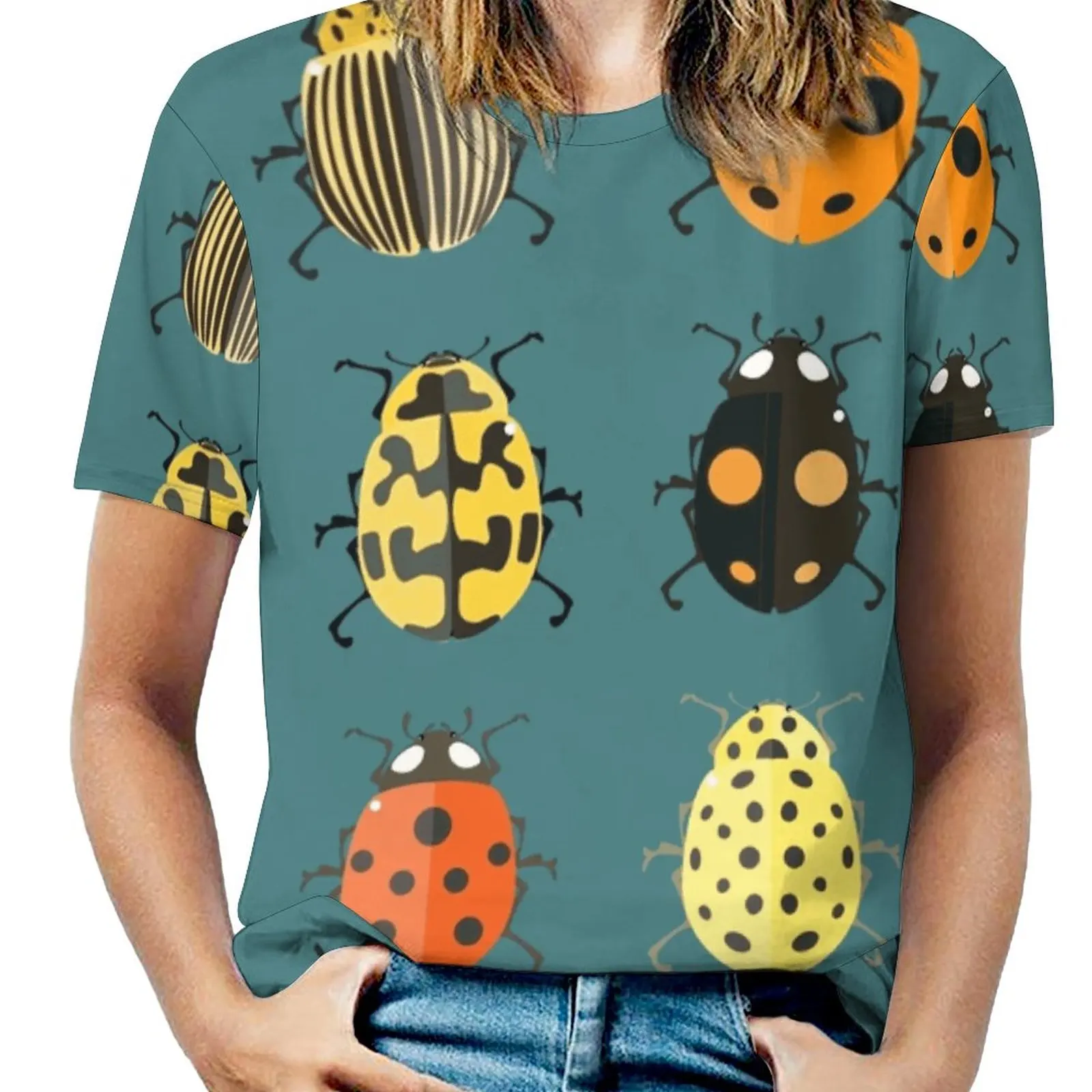 Śliczne błędów. Rozcięcie rękaw zimny ramię drukuj kobiety T koszula w stylu Casual, letnia koszulka Tshirt luźny Top Bug Colorado Ladybird Scarab Insect