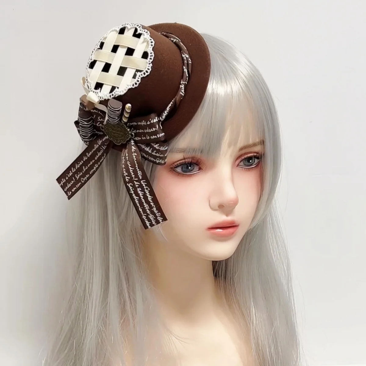 原宿スイートロリータレースリボンハート中空グリッドトップハットヘアクリップ頭飾りプリンセス女性女の子コスプレ帽子ヘアアクセサリー